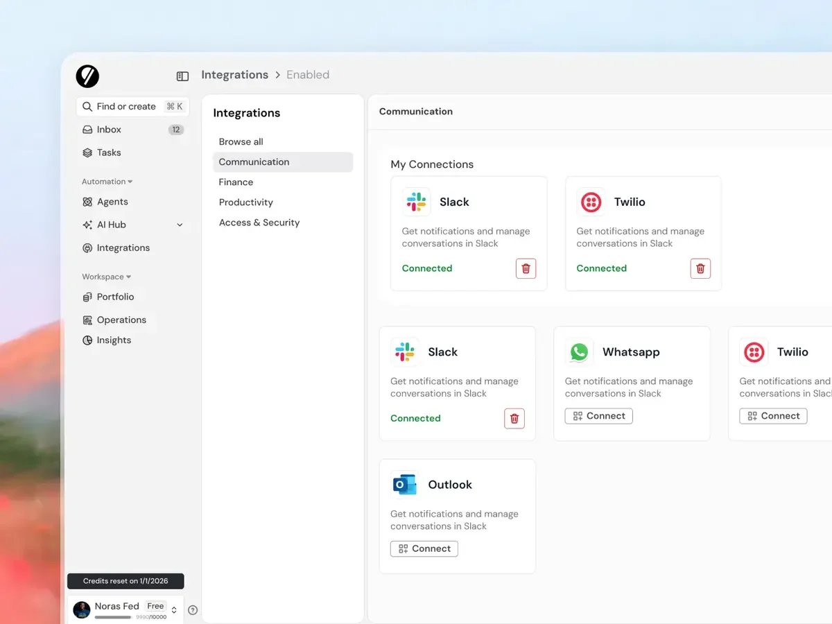 Jengo’s interface: connections with Slack, WhatsApp, Twilio and Outlook.