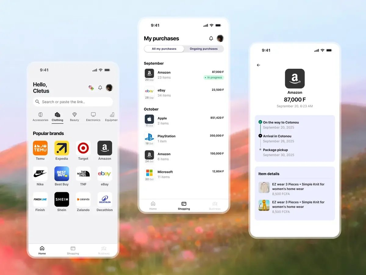The Piamshop app on two phones: the month’s purchases and an order being tracked.